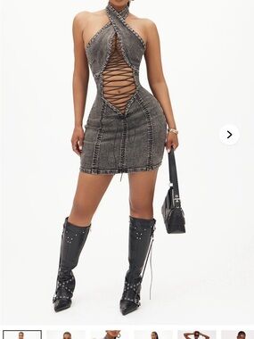 Fashion Nova Gray/Black Distressed Lace-Up Halter Midi Dress